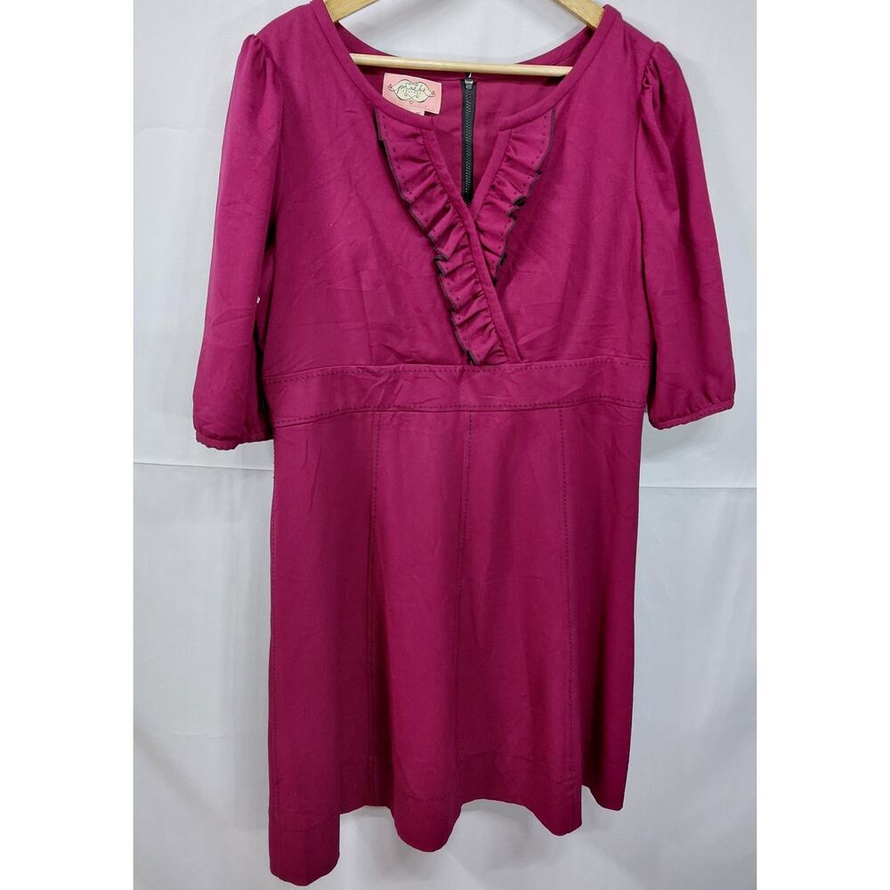 Phoebe Couture Ruffle Trim Dress Pink Solid 3/4 Sleeve Knee Length Women Size 16